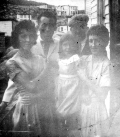 455: John Norman with his grown children l-r Mary Ellen Norman, Fred Norman, and Anna (Norman) Kerrivan,  with Anna's daughter Betty Kerrivan in front. (1961) [courtesy of Betty Kerrivan]  - John son of Frederick Norman &amp;amp; Mary Ellen Martin, married Mary Farget; Anna married Francis  Kerrivan